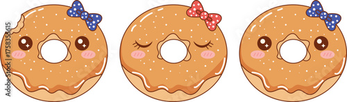 Three adorable cartoon donuts with cute faces and bows on a white background