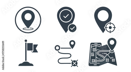 Collection of map pointers and navigation icons for location services and travel planning -  Glyph solid icon - Editable modern style icon.