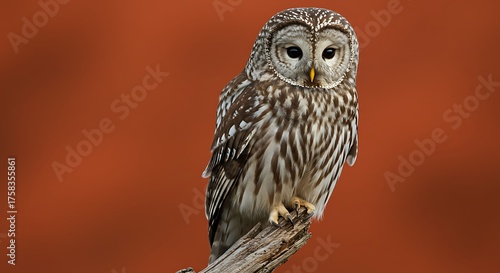 Barred owl perched on branch against blurred red background
