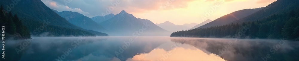 Fototapeta premium Serene Dawn Mist Over Tranquil Mountain Lake A Cool and Invigorating Atmosphere at Sunrise, Crisp Air, Peaceful Landscape