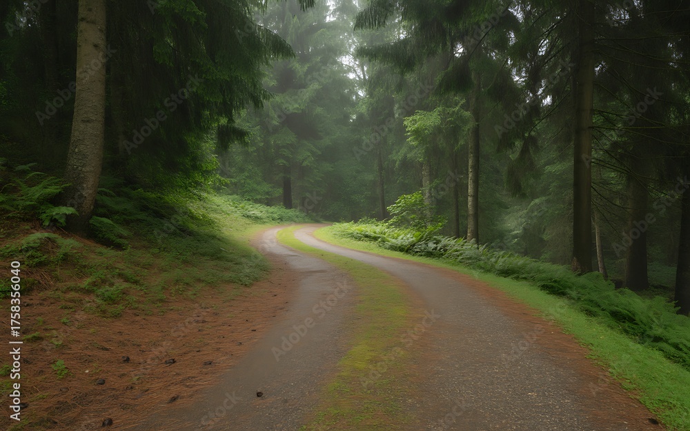 Obraz premium A winding dirt road through a dense, misty forest with tall evergreen trees and lush green undergrowth