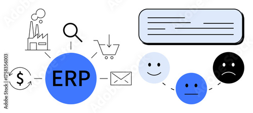 Central ERP managing supply chain, shopping, emails, and data analytics. Feedback symbols convey user sentiment. Ideal for business workflow, automation, efficiency, data handling customer
