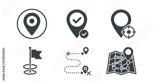 Set of location pins map markers navigation icons for navigation and travel applications -  Glyph solid icon - Editable modern style icon.