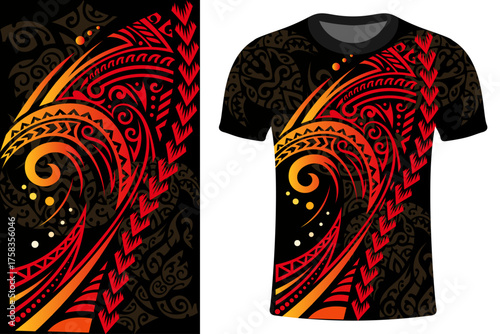 Dynamic Tribal Jersey Red Orange Gradient Apparel Print, Polynesian Tribal Jersey Vector Template, Tattoo art, Creative Jersey vector, Modern sport Jersey for players, t shirt, hoodie