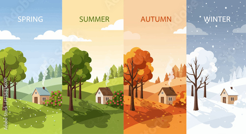 Vibrant illustration depicting the cyclical beauty of the four seasons fresh spring, warm summer, colorful autumn, serene winter, with charming houses in evolving natural landscapes