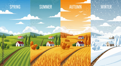 Seasonal Landscape Illustration Depicting Spring, Summer, Autumn, and Winter in Picturesque Views