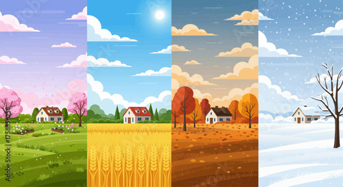 Four Seasons Spring, Summer, Autumn, and Winter Landscape Scenery Set