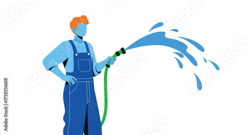 Man with a hose spraying water for cleaning and gardening
