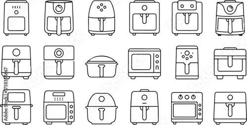 Minimalist outline vector icons of air fryers, electric ovens, and kitchen devices for household appliance concepts
