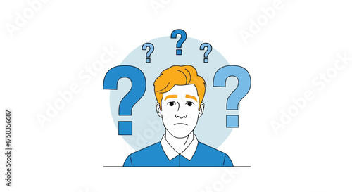 Confused man with question marks showing uncertainty