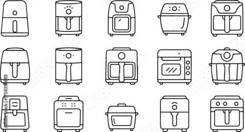 Linear kitchen appliance icon set featuring air fryers, ovens, and cookers for modern home cooking and culinary design projects