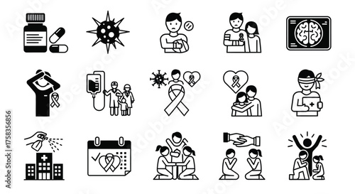 Black and white cancer awareness icons depicting treatment and support