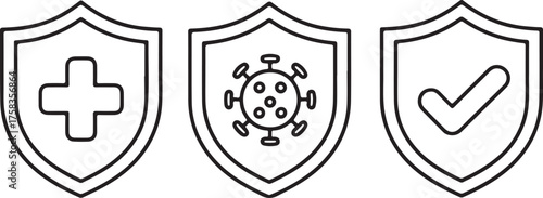 Outline health protection icon set featuring shield shapes for security, virus prevention, and medical safety themes