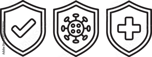 Black line vector illustration of shield icons for healthcare protection, defense, and virus safety design projects