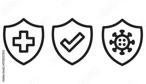 Linear vector shields with checkmark, cross, and virus symbols representing safety, health, and immunity concepts