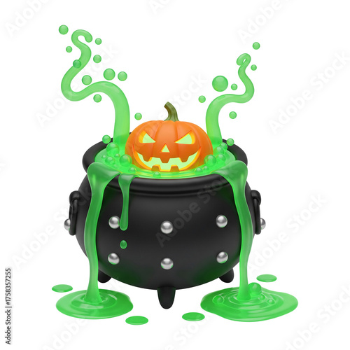 Spooky Halloween Cauldron with Glowing Pumpkin and Green Potion