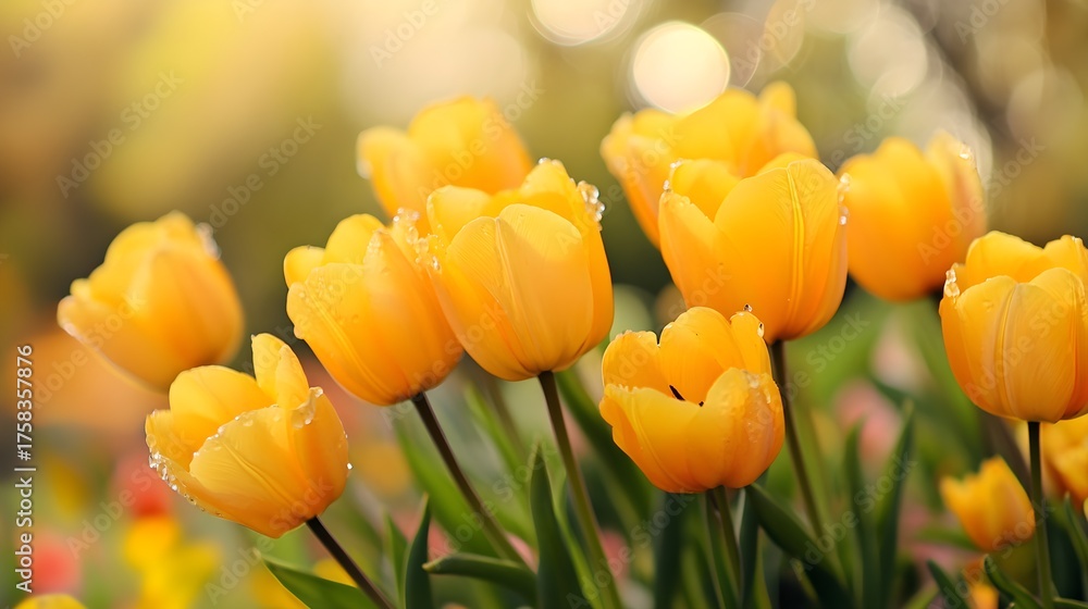 Obraz premium Yellow Tulips Spring Flowers Dew Drops Garden Bloom