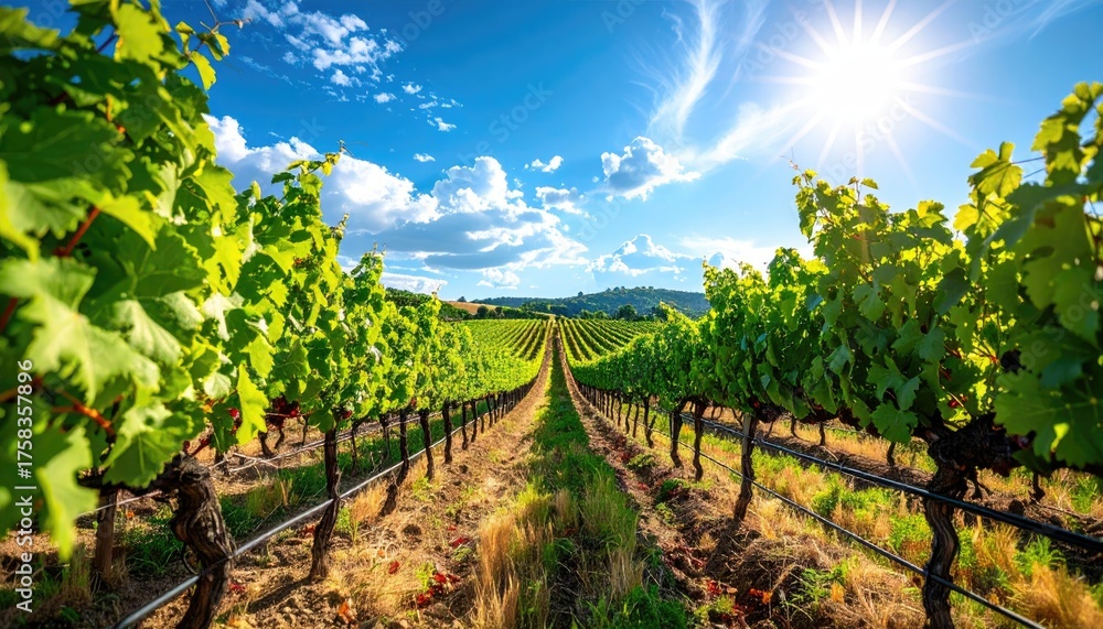 Naklejka premium Vibrant Vineyard Rows Bathed in Golden Sunlight Under a Clear Blue Sky with Fluffy Clouds