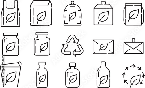Linear vector collection of recyclable material and eco packaging icons for green branding, environmental, and eco business themes