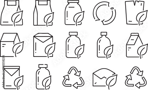 Eco-friendly outline icon set showing recyclable packaging, bottles, paper bags, and sustainability symbols for green product concepts