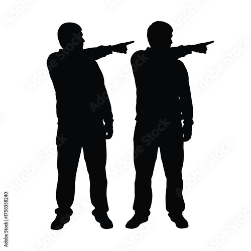 Silhouette of two men standing side by side pointing in the same direction on a white background