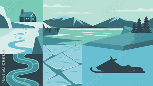 Illustrated winter scene with a cabin, mountains, a snowmobile, and a frozen lake landscape view