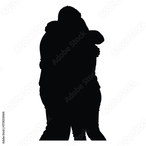 A silhouette of two people embracing tightly against a white background in a close embrace