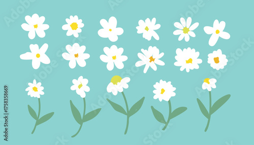 Collection of simple hand drawn white daisies with yellow centers and green stems on a light blue background.