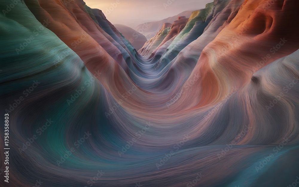 Obraz premium Abstract landscape with swirling colorful textures resembling a canyon or riverbed at sunset