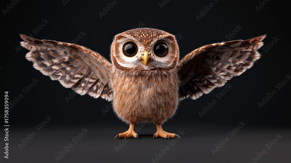 Obraz premium Adorable 3D Render of Baby Owl with Wings Spread, Capturing Its Charming Expression and Feathery Details