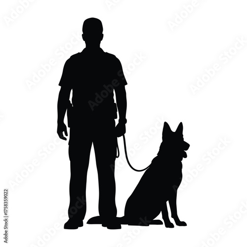 Silhouette of a police officer in uniform standing next to a german shepherd dog on a leash