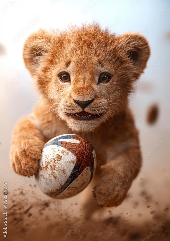 custom made wallpaper toronto digitalAdorable Baby Lion Cub Playfully Running and Holding a Rugby Ball in a Fun 3D Rendered Scene