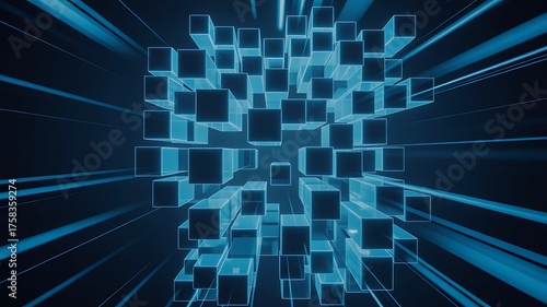 Fototapeta Naklejka Na Ścianę i Meble -  Abstract 3d rendering of a glowing blue cube structure with light streaks emanating from the center