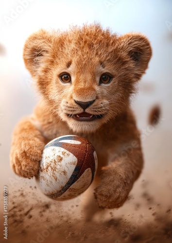 Wallpaper Mural Adorable Baby Lion Cub Playfully Running and Holding a Rugby Ball in a Fun 3D Rendered Scene Torontodigital.ca