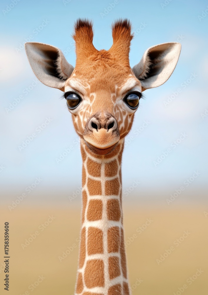 Naklejka premium Adorable 3D Render of Baby Giraffe with Big Eyes Against a Soft Blue Sky Background in Gigapixel Quality