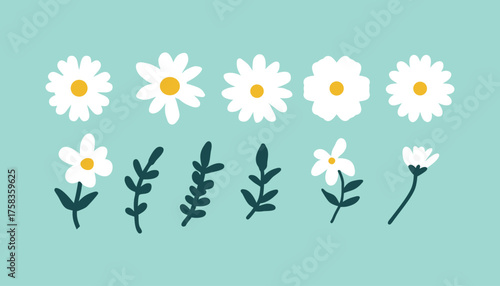 Collection of simple hand drawn white daisies with yellow centers and green stems on a light blue background.