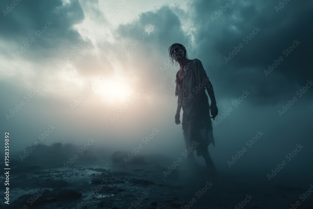 Fototapeta premium Close-up of Zombie in Desolate Foggy Post-Apocalyptic Landscape