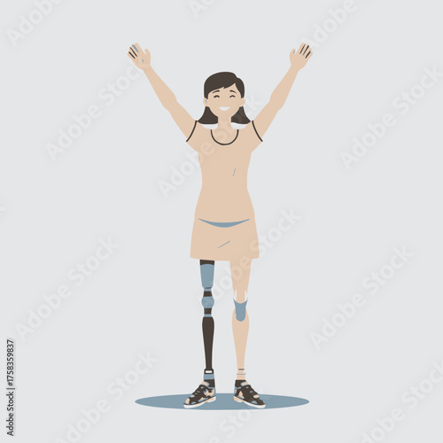 Empowered Woman with Prosthetic Legs Celebrating Victory with Arms Raised High