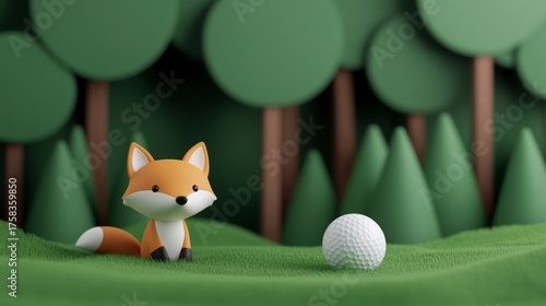 Playful 3D Render of a Baby Fox Primarily Focused on Golf in a Lush Green Environment