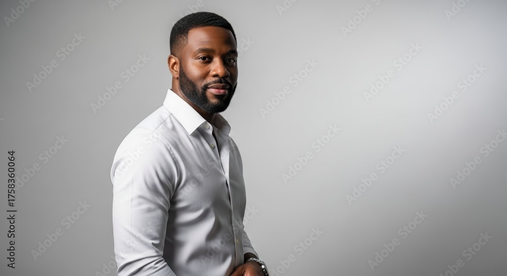 Obraz premium Confident man in studio with crisp white shirt posing in front of neutral background, demonstrating poise. Man of color shows confidence and strength, offering assurance in corporate setting.
