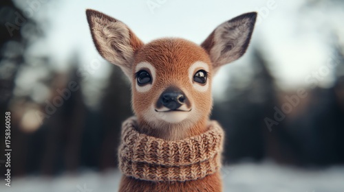Adorable 3D Render of a Baby Deer Wearing a Cozy Scarf in a Serene Natural Setting