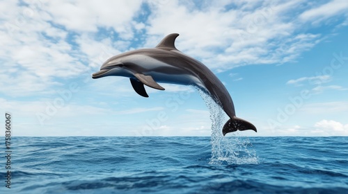 3D Render of a Baby Dolphin Leaping Out of the Water Against a Bright Sky with Soft Clouds