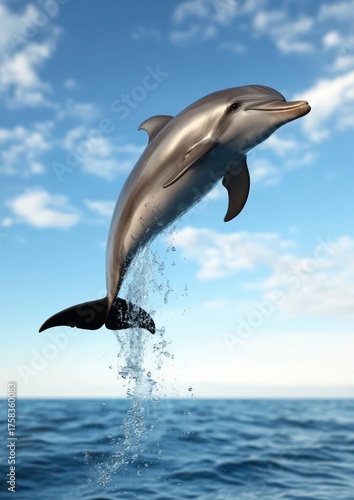3D Render of Baby Dolphin Leaping Out of Water in Bright Sky and Ocean Background