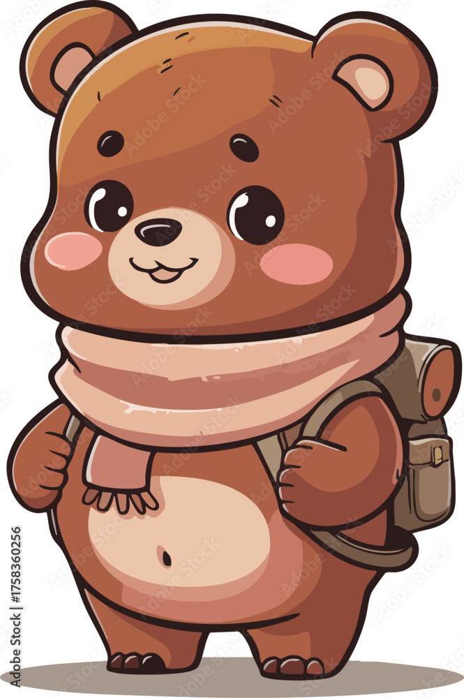 Naklejka premium Cartoon Bear Cub Hiker with Backpack