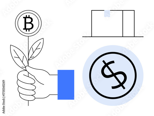 Hand holds a plant with bitcoin instead of fruit, adjacent to monetary symbol and building outline. Ideal for investment, cryptocurrency, finance, growth, innovation, sustainability, minimalism