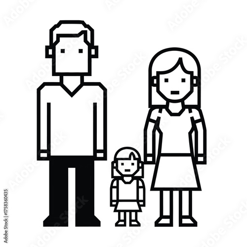 A pixelated illustration of a family consisting of a father mother and a small child standing silhouette