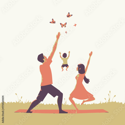 Family Yoga in a Meadow with Butterflies Watching Their Ascent Towards the Sky
