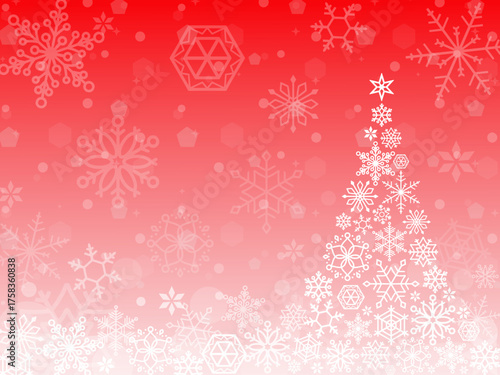 雪の結晶とツリーの背景。ベクター画像の赤いクリスマス用壁紙。Snowflake tree background. Red Christmas wallpaper.
