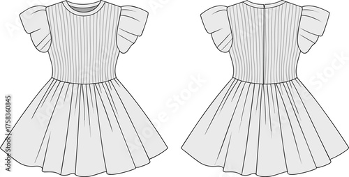 Girl’s dress technical flat sketch with puff sleeves and pleated bodice, front and back view, fashion CAD drawing vector illustration