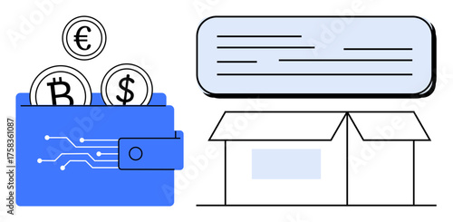 Blue wallet holding cryptocurrency and currency coins alongside a shipping box with receipt. Ideal for e-commerce, digital payments, online transactions, retail logistics, cryptocurrency, fintech